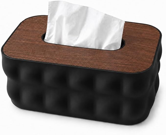 Tissue Box Holder with Wooden Lid, Modern Tissue Box Cover and Napkin Dispenser, Clean Organizer for Bathroom, Bedroom, Living Room, Office and Kitchen G-1115 (Black)
