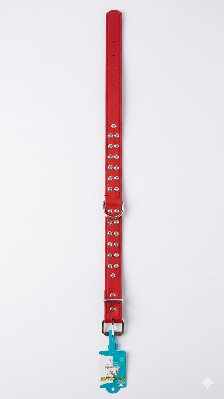 Red Studded Dog Collar, Faux Leather, Double Row Crystal Studs, Adjustable, Size L-XL
