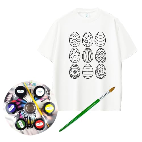 White T-Shirt Colour-In with Fabric Paints and Brush,Happy Easter,Size (2XL).