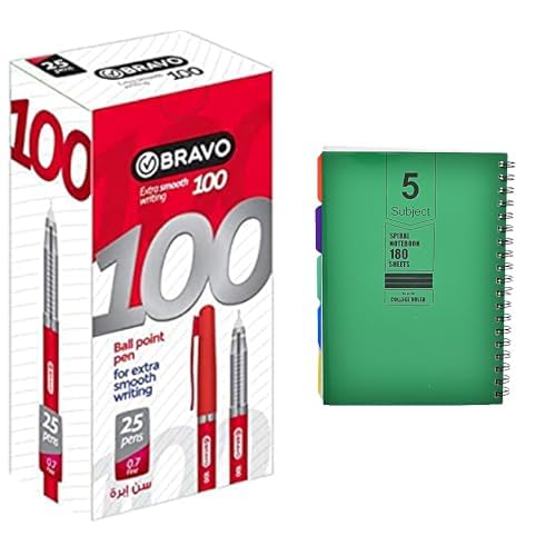 Bravo Stationery Bundle: Sasco Ball Pen Red + Maayergy 5 Subject Spiral Notebook B5