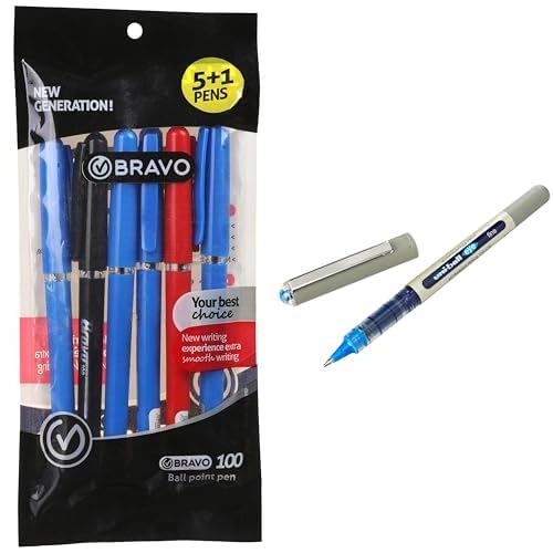 Bravo Stationery Bundle: 100 Ballpoint Pen 6-Pack + Uni-ball Eye Ink Roller Blue