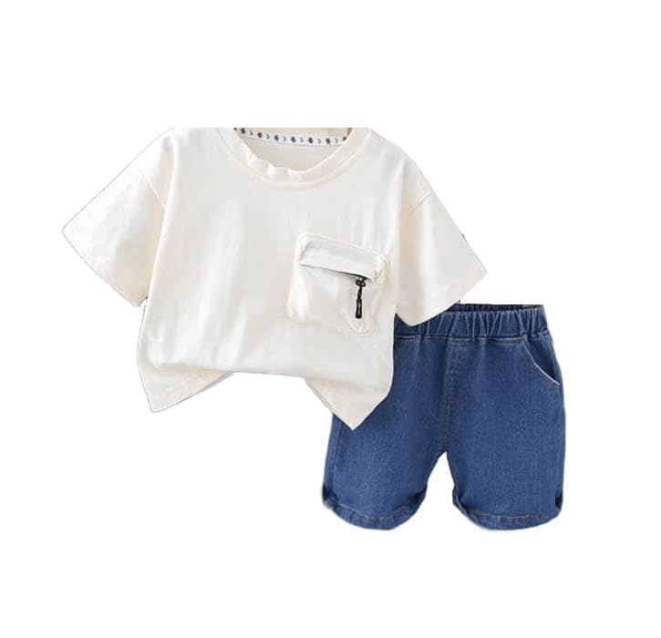 Boys Outerwear Set - 2 Piece Front Pocket T Shirt with Side Pockets Denim Shorts Fashion Comfortable Design for Boys (White, 2 (Dress 1-2) Years)