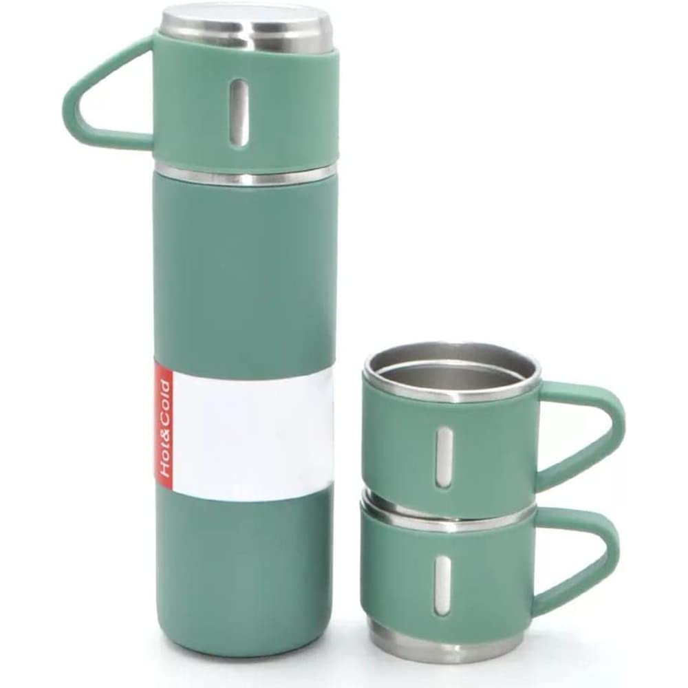 Vaccum Cup Double Wall Stainless Steel Thermal Bottle with Lid 3 Cup for Hot & Cold Drink Water, Tea, Coffee Travel Mug Thermos Vacuum Insulated Flask 500ml (Vacuum Flask with Cup) (Green)