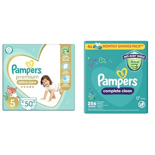 Pampers Premium EXTRA CARE Taped Diapers, Size 5, 11-25 kg, with Lotion with Aloe Vera, 50 Baby Diapers +Wipes