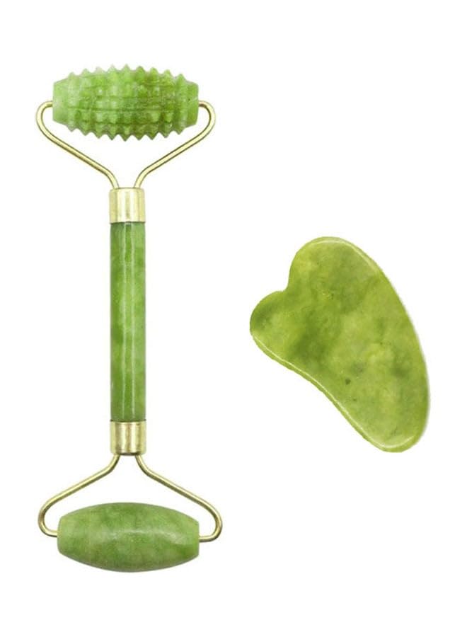 2 Pieces Anti-Aging Facial Roller Set, Natural Jade Roller and Gua Sha Tools for Full Body, Hand Operated Green
