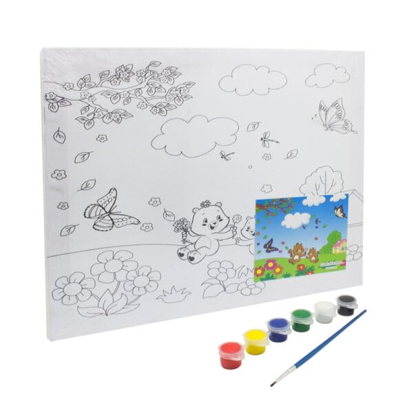 Keep Smiling Canvas Painting Set With Paint Brush & 6 Watercolor For Kids, 30 x25 cm - White Black - 525