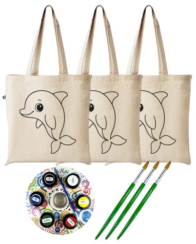 DIY Canvas Tote Bags with Dolphin Design, Pack of 3, Includes Acrylic Paints and Brushes, Craft Kit