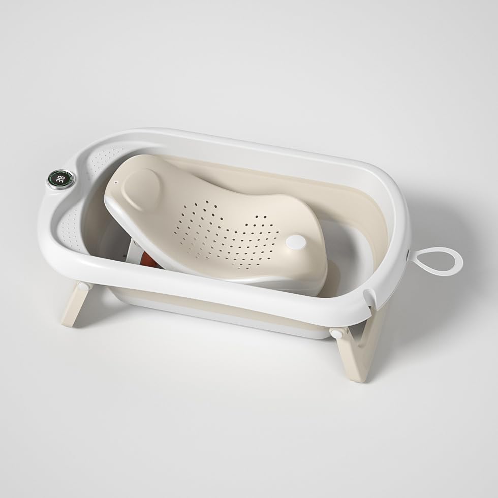 Foldable Baby Bath with Bath Holder/Baby Bath Tub XL with Thermometer for Water Temperature Control/From Birth to 3 Years