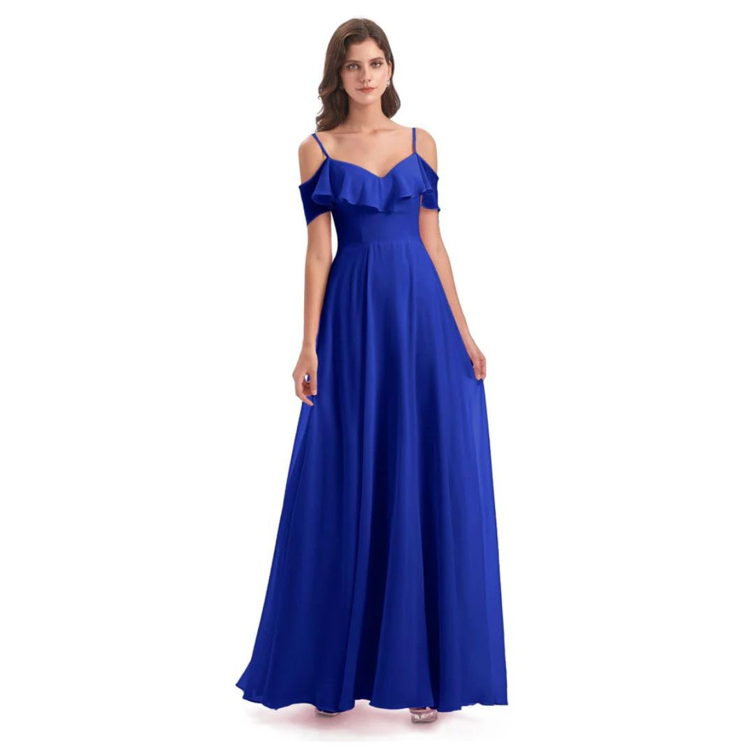 Women's Off Shoulder Royal Blue Chiffon Long Evening Dress with Lining and Back Zipper Ruffle