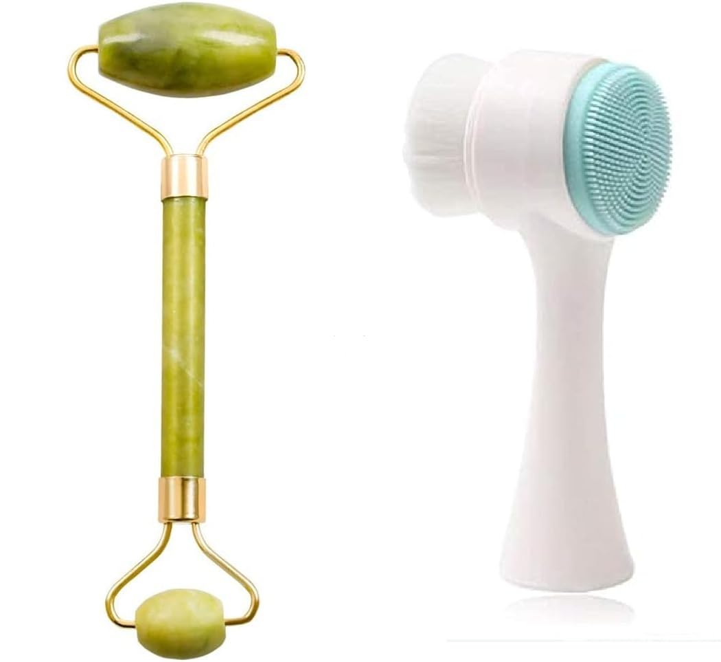 VETELLY- Set of Jade Roller and Gua Sha Set 100% All-Natural Jade + Manual Facial Cleansing Brush (Random Color)