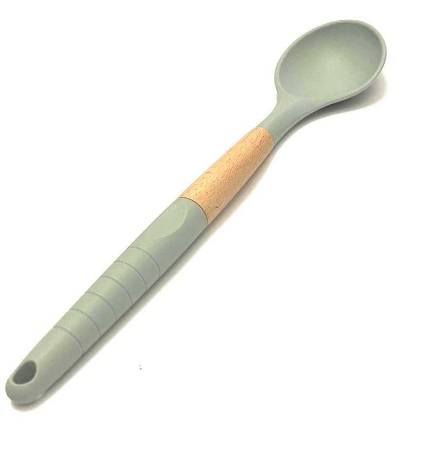Downtown 32x7cm Silicone Cooking Spoon with Wooden Handle, Light Green Non-Scratch Kitchen Tool, Heat Resistant Mixing and Serving Spoon for Non-Stick Cookware and Daily Baking