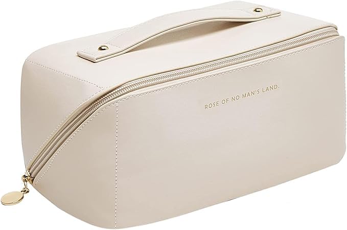 Travel Cosmetic Bag with Large Capacity, Portable Travel Make Up Bag, Waterproof Leather Organiser, Multifunctional Toiletry Bag with Divider Bag Organiser (Beige)