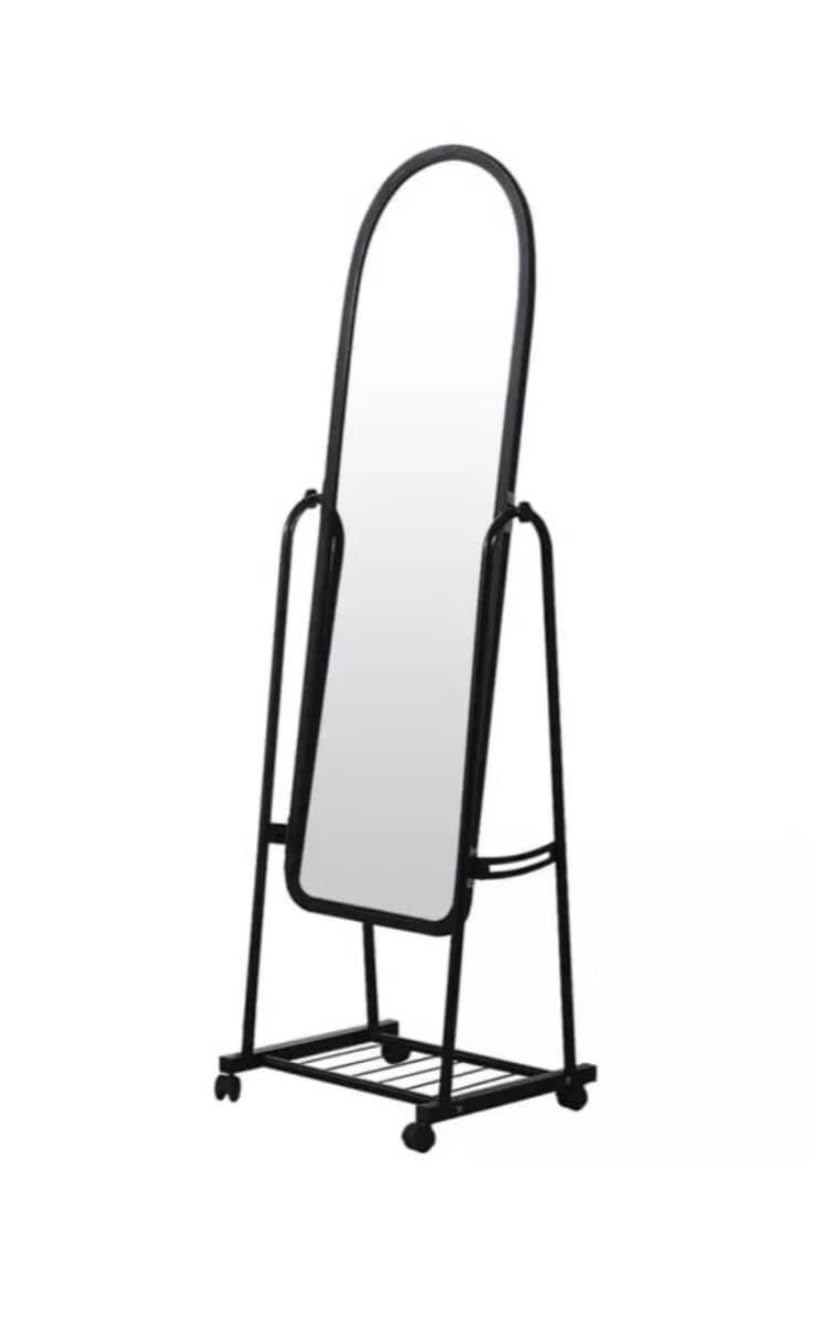 Black Frame Mobile Standing Floor Mirror with Bottom Storage Shelf and Wheels
