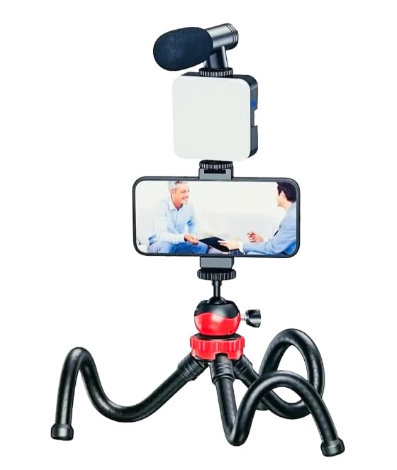 PLOKAMA - PK-776-5-in-1 Smartphone Video Rig, Camera Mount Stabilizer with LED Light, Microphone, U-Grip Handle - (Black)