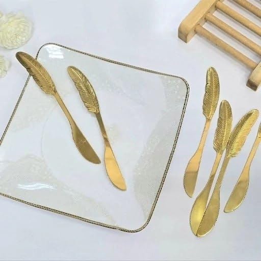 Gold Stainless Steel Knife Set of 6 Feather Design Cake Dessert Tart Knife Set Luxury Serving Tools for Occasions and Banquets