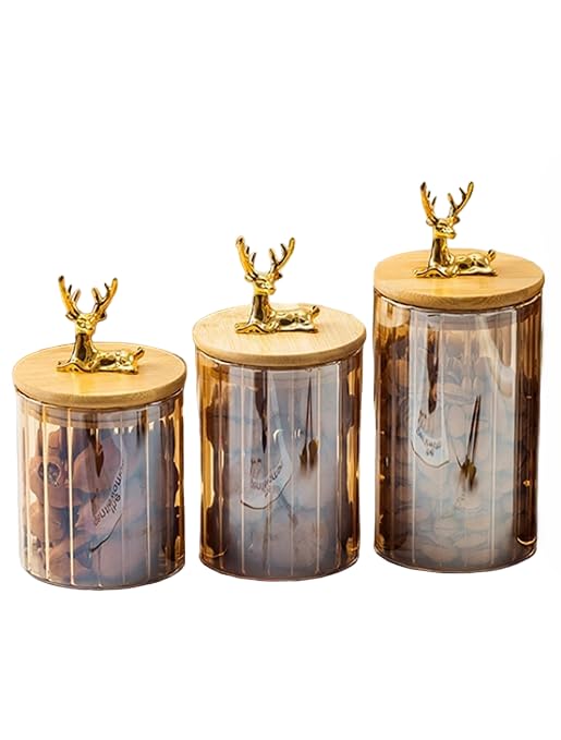 DE LUJO D LOGO Modern Design Clear Glass Jar Set - 3 Pieces Perfect for Storing Spices, Cereals, Nuts, Pasta with Airtight Lid to Preserve Flavor and Quality
