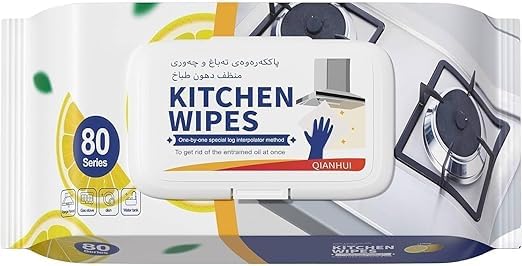 Kitchen Cleaning Wipes Lemon Scent – 80 Count for Effective Cleaning & Removing Grease & Stains from Surfaces, Glass, Oven – Strong Skin Safe Wipes for Daily Home Use