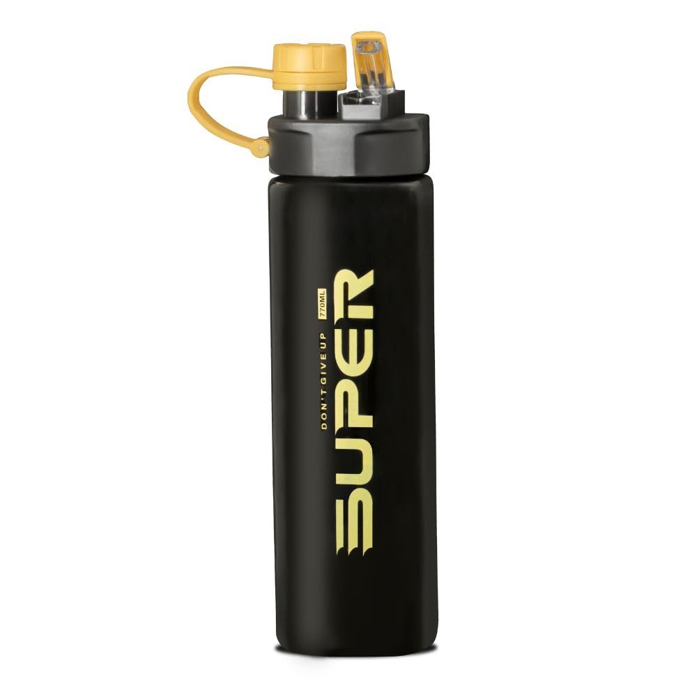 Super Plastic Water Bottle, Motivational Sports Water Bottle with Time Marker, Leak Proof 2 In 1 Mouth Lid and Straw For Gym, Fitness, Home, School and Office, 770 ML (Yellow)
