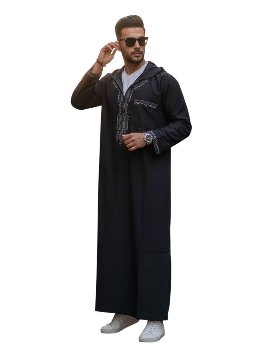 Men's Moroccan Jalabiya Embroidery and Hood,Long Robe with Zipper,Abaya Men
