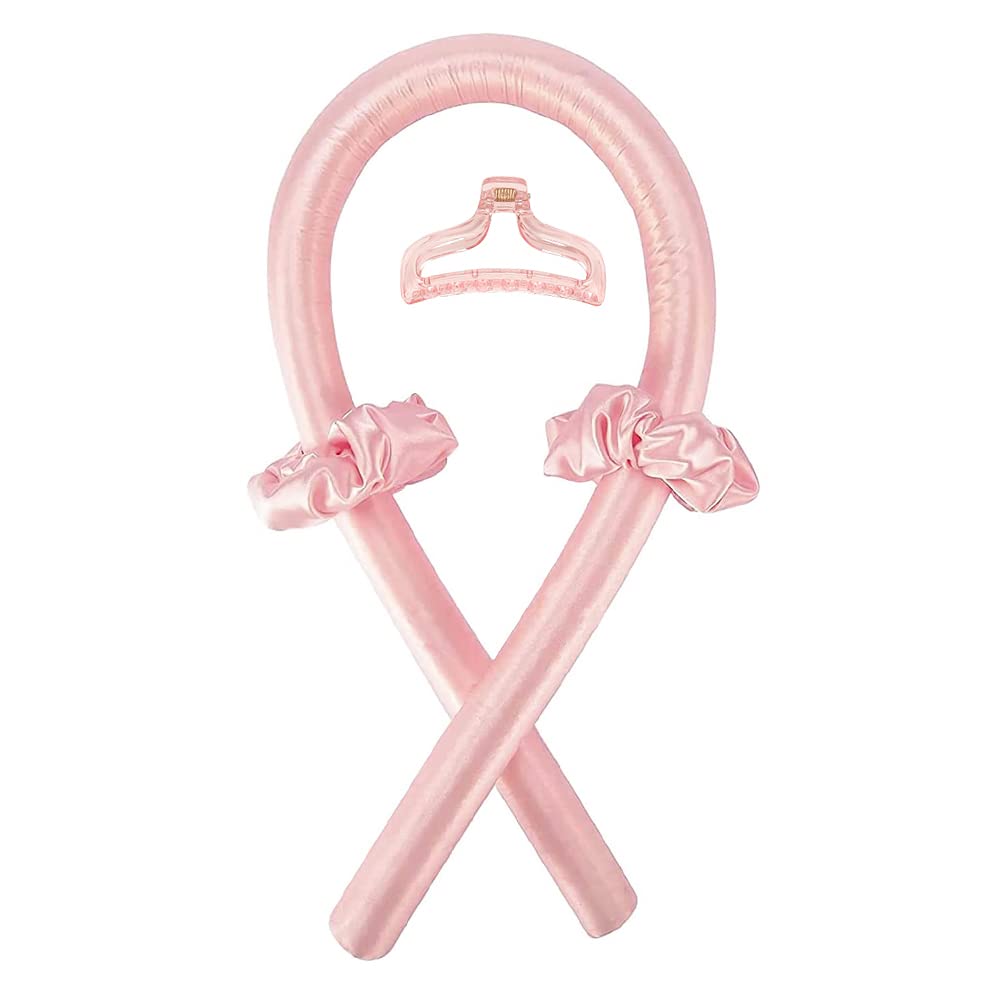 BATOUDE Heatless Curling Rod Headband No Heat Silk Ribbon Curling Rod Hair Roller Curls with Hair Claw Clip Lazy Natural Soft Wave DIY Hair Rollers Styling Tool for Sleep in Overnight (Pink)