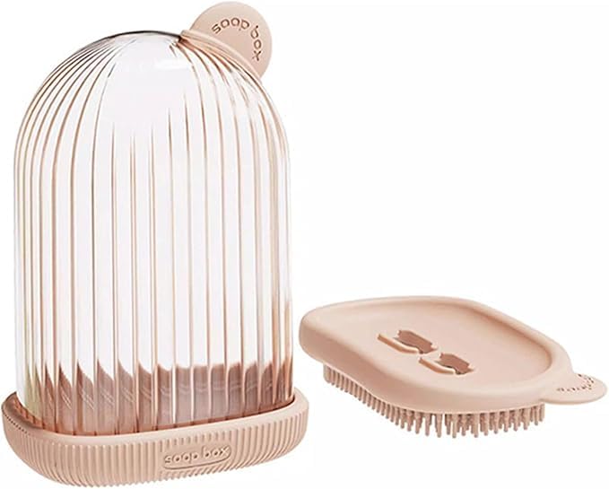 Portable Soap Dish with Silicone Brush Self Draining Soap Holder with Cover Sealed Soap Saver Tray with Lid Travel Shower Soap Box for Hiking Waterproof Soap Bar Container for Shower Bathroom, Pink