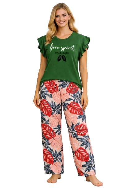 Summer Pajama Set For Women - Cotton Single Lycra Olive & Floral Pants