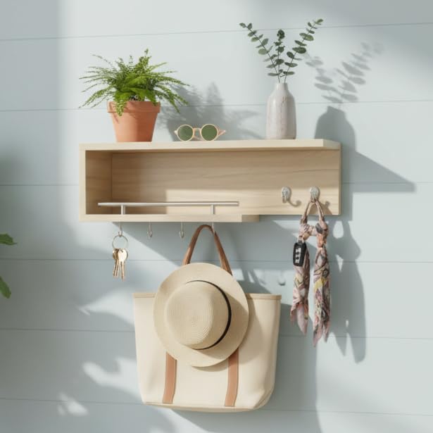 Zohny Home Wall Mount Organiser with Floating Shelf, Natural Wood, 60x15x15 cm, Rectangular, Minimalist, Key Hooks and Hanging Rod (Wood)