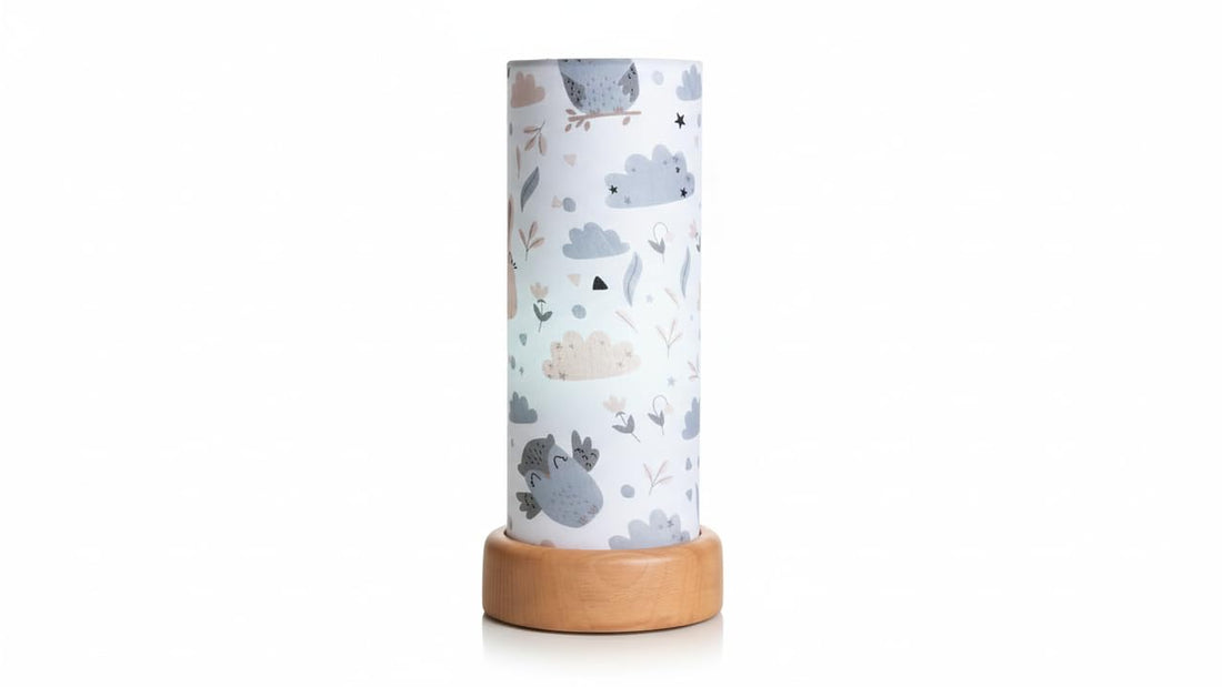 Modern Table Lamp – Natural Beech Wood Base & Linen Fabric Shade – Warm Ambient Lighting for Bedrooms, Living Rooms & Home Décor – Elegant Kids Drawings Design – E27 Bulb