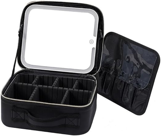 Bag Makeup with LED Mirror, Travel Cosmetic Case with 3 Light Modes, Adjustable Dividers, Waterproof Organizer Box with Brush Slots for Women and Girls, X-595 (Black)