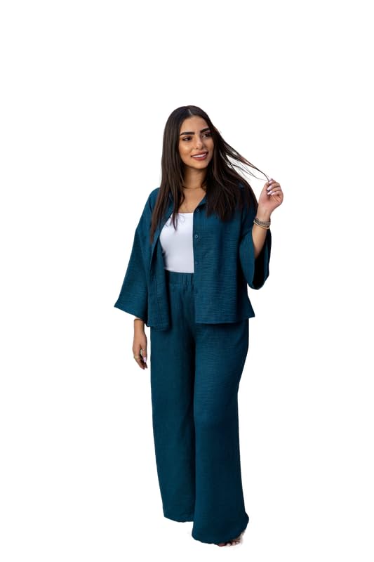COZY UP IN STYLE Women’s Linen Two-Piece Outfit, Casual Button-Down Crop Top and Wide-Leg Pants Set, Lightweight and Breathable Summer Loungewear for Vacation and Beach
