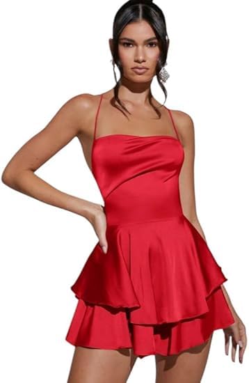 Women's Satin Neck Tiered Mini Dress, Red, Party Cocktail Dress