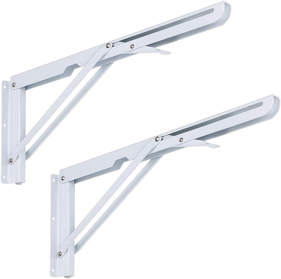 Folding Shelf Brackets, 2 Pcs Heavy Duty Metal Table Shelf Hinges, Wall Mounted Folding Shelf Support Brackets for Living Room Kitchen Table Bench DIY White (40cm)