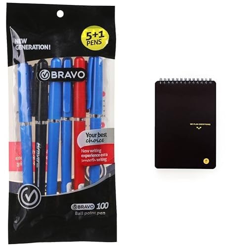 Bravo Stationery Bundle: 100 Ballpoint Pen 6-Pack + YM Sketch Designer Notebook B6 Lined