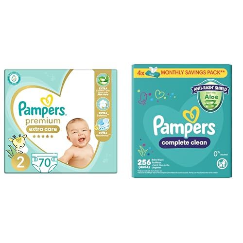 Pampers Premium EXTRA CARE Taped Diapers, Size 2, 3-8 kg, with Lotion with Aloe Vera, 70 Baby Diapers +Wipes