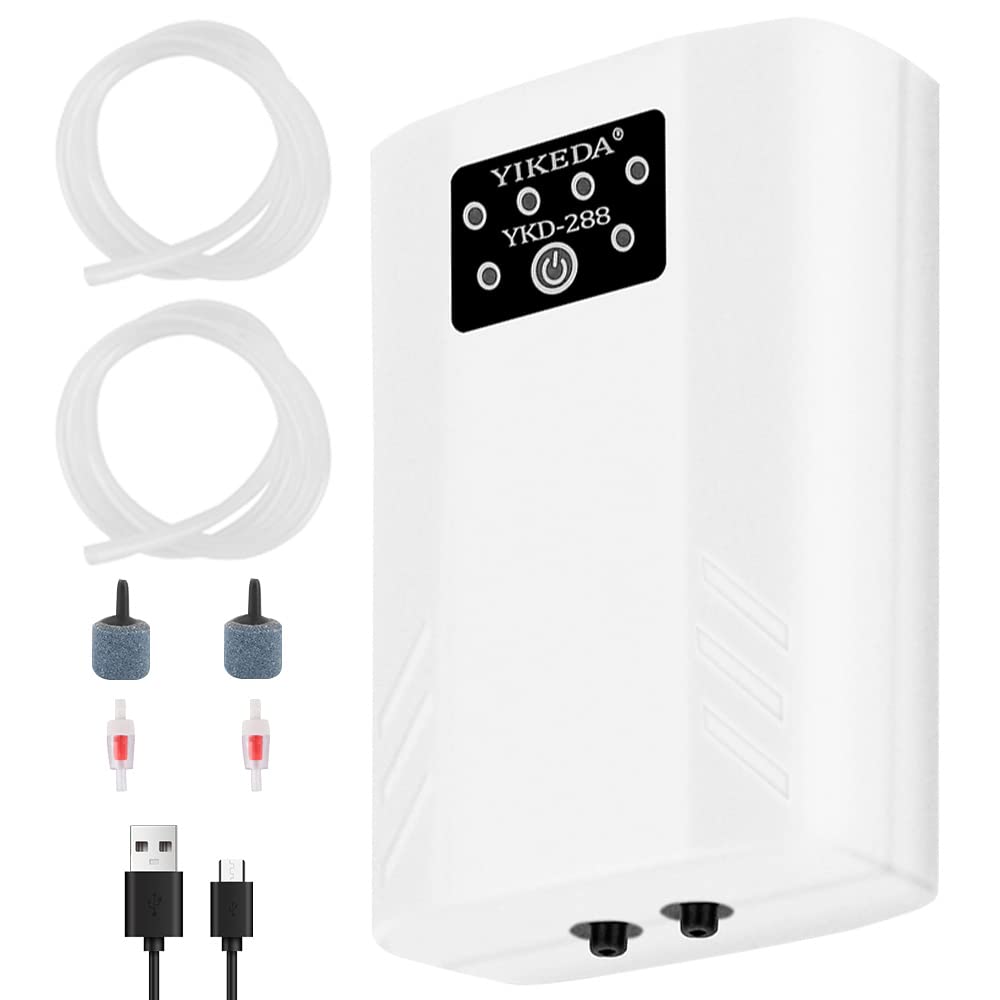 Aquarium Air Pump, 3 W Quiet Oxygen Pump, Aquarium Pump, Check Valve with Double Air Holes, 2 x 3.2 L/Min, USB Rechargeable, for 10-100 L Fish Tanks and Aquariums