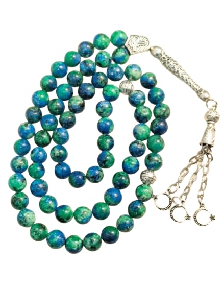 JAZZEEL Azurite Natural Stone Rosary 66 Beads 8mm Size Blue Gemstone for Islamic Prayer and Dhikr Meditation Spiritual Tasbih Misbaha Gift for Men and Women Unique Design