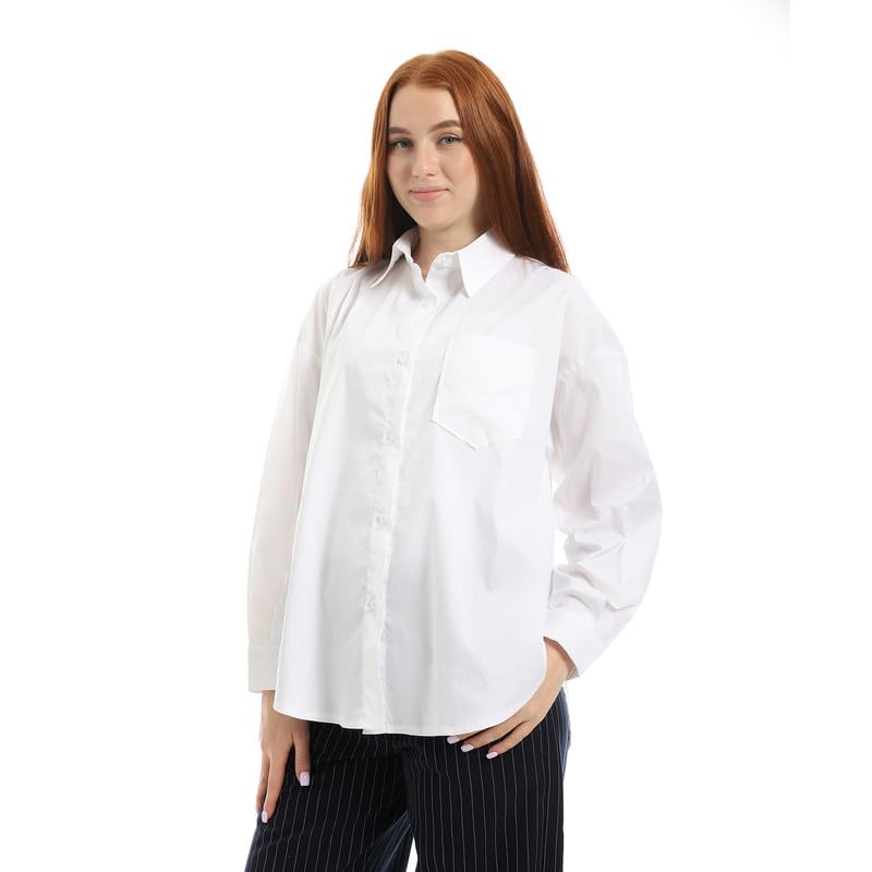 White Button Down Shirt, Long Sleeve, Collared, Relaxed Fit, Cotton Blend, Tall From the back