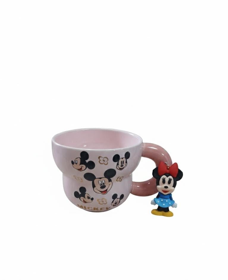 Deluxe Mug: Iconic Mickey & Minnie Design with Figurine Accent. (Art Deco, Pink)