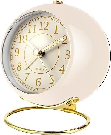 Small Desk Clocks for Office Bedroom, Table Alarm Clocks, Antique Gold Metal Clock for Living Room Decor, Silent Non-Ticking Cute Small Digital Clocks Battery Operated (Off White)