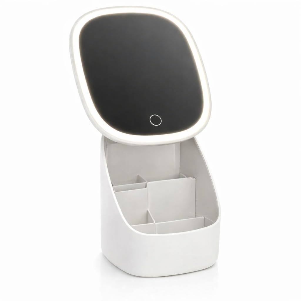 Makeup Mirror with LED Light and Cosmetic Storage Organizer Box, Desktop Pedestal Mirror, Adjustable Angle, Removable Divider, Easy-Clean Makeup Holder for Women and Girls, X-612