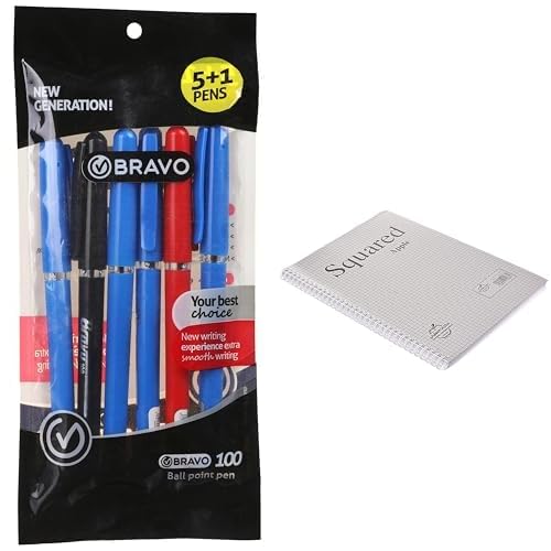 Bravo Stationery Bundle: 100 Ballpoint Pen 6-Pack + Maayergy Spiral Squared Notebook A4