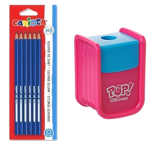 Writing Essential Bundle (Carioca high quality graphite pencils set of 6 pcs - multi color +Deli school supplies pencil sharpener - assorted)