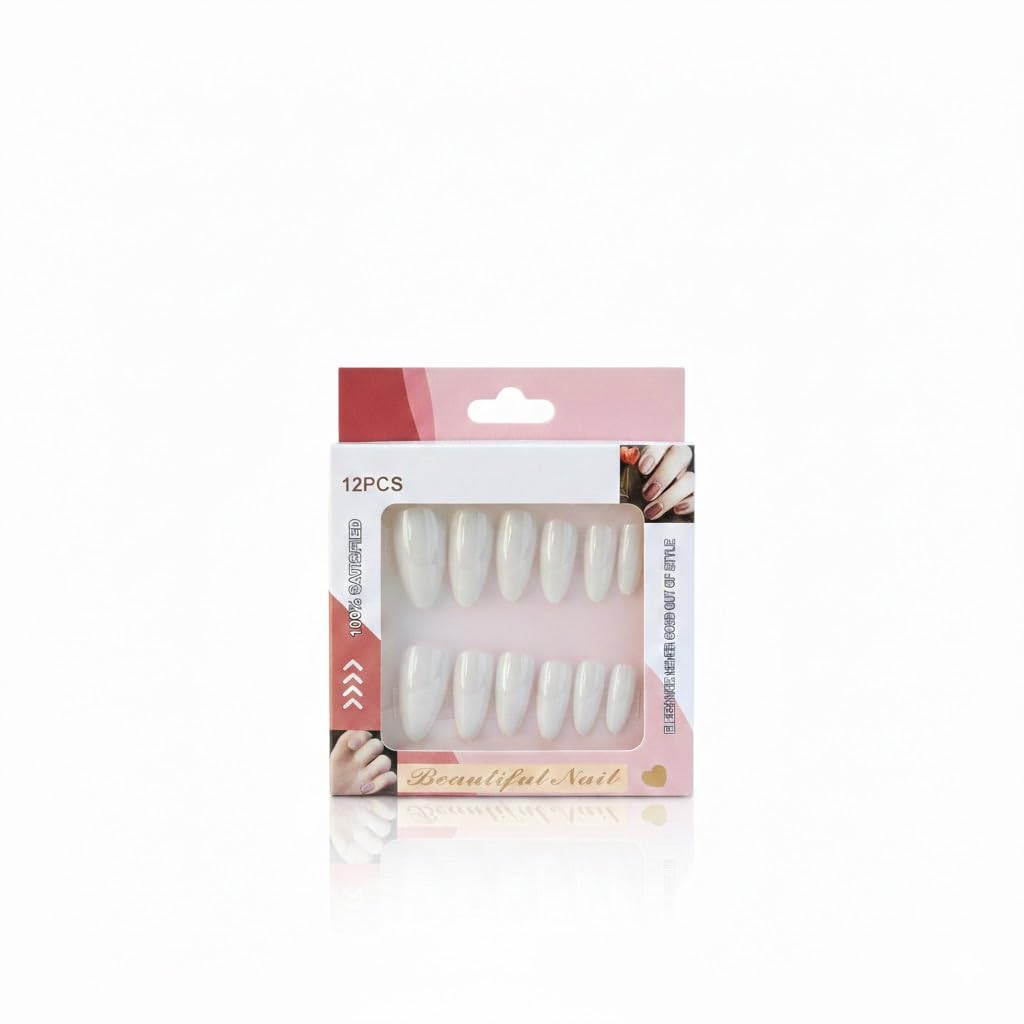 Press on Nails Medium Length Fashion Easy to Apply Perfect for Party with Double Sided Adhesive Sheet Pack of 12 (White)