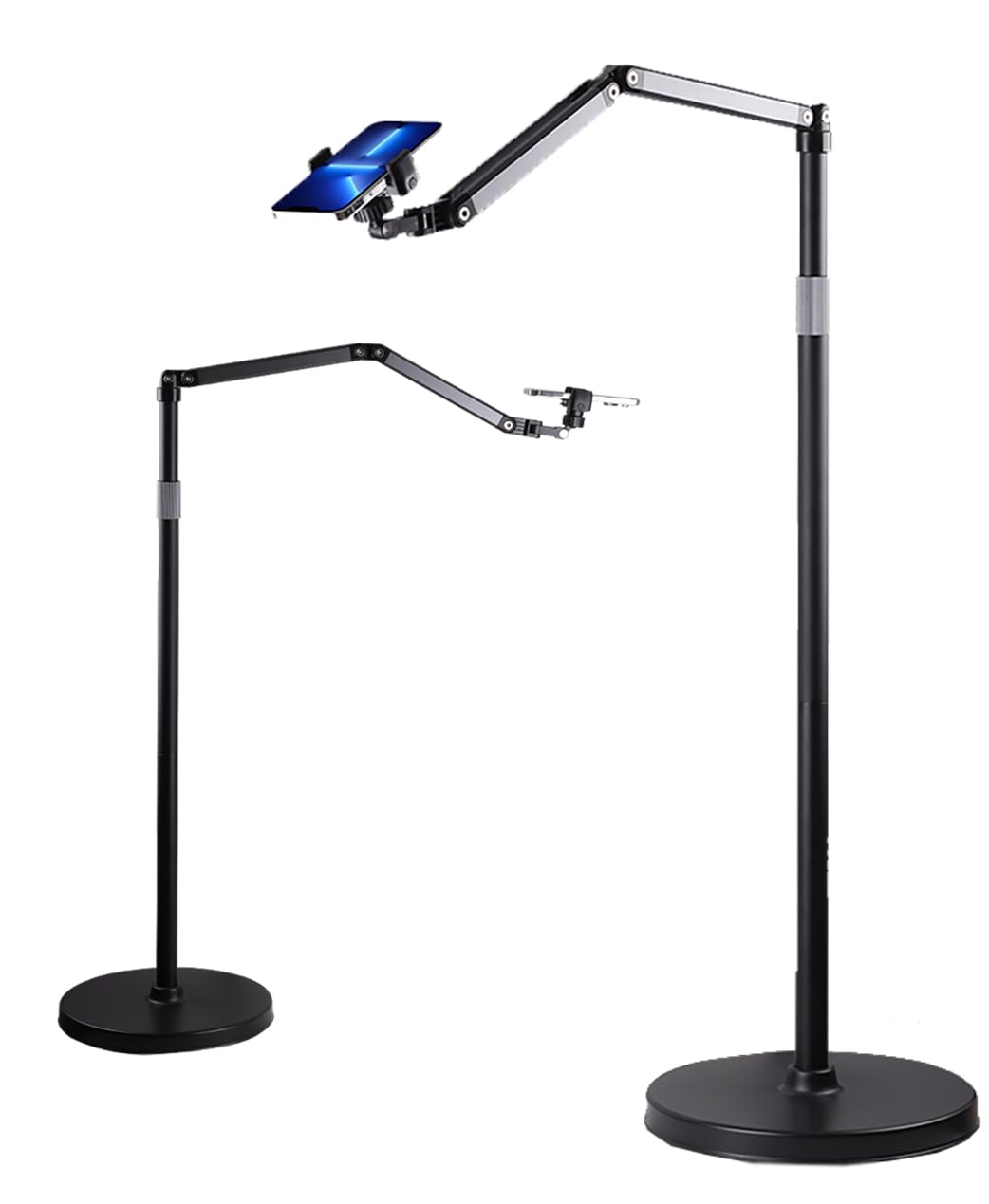 Phone Floor Stand for Recording Cell Phone Holder for Bed, Adjustable Tall Stand with Ultra-Long Extension Arm, 360° Swivel, Compatible with iPhone Samsung and More