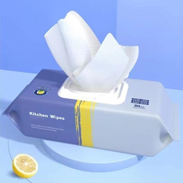 Grease and Oil Removal Kitchen Wipes Pack of 80 Pieces Powerful Multipurpose Wet Wipes for Stovetop Ceramic Marble Countertops and Exhaust Hoods Cleaning