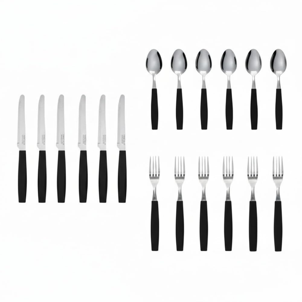 Marietti 18-Piece Italian Flatware Set - Stainless Steel Cutlery Service for 6: Includes Dinner Knives, Forks & Spoons - Ergonomic Black Handles, Dishwasher Safe - Made in Italy