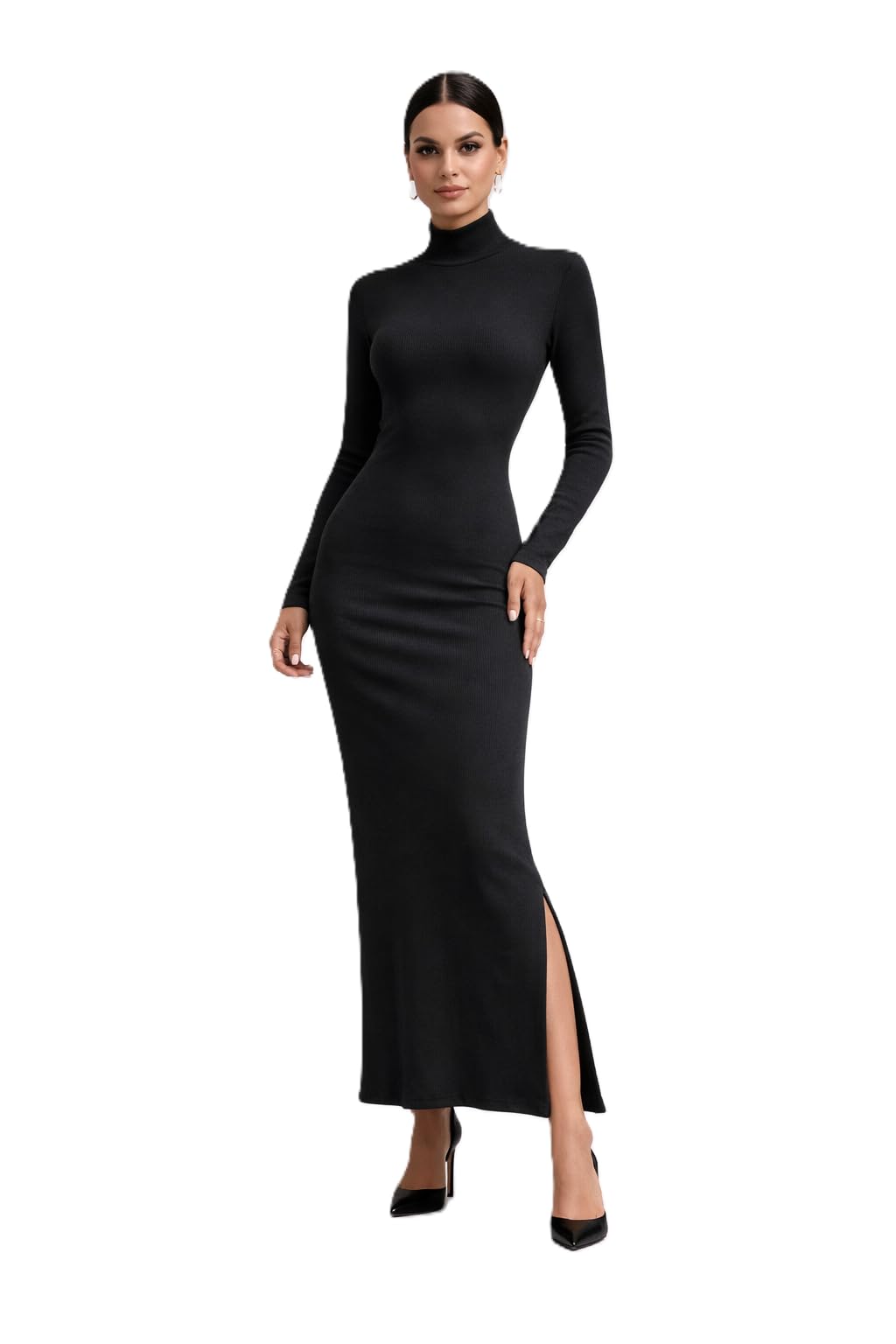 Women's Long Sleeve Rib Maxi Dress, Lycra, One Size, Side Slit