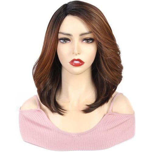 Women's Wig Medium Length Brown with Dark Roots Wavy Layered Hair Natural Looking