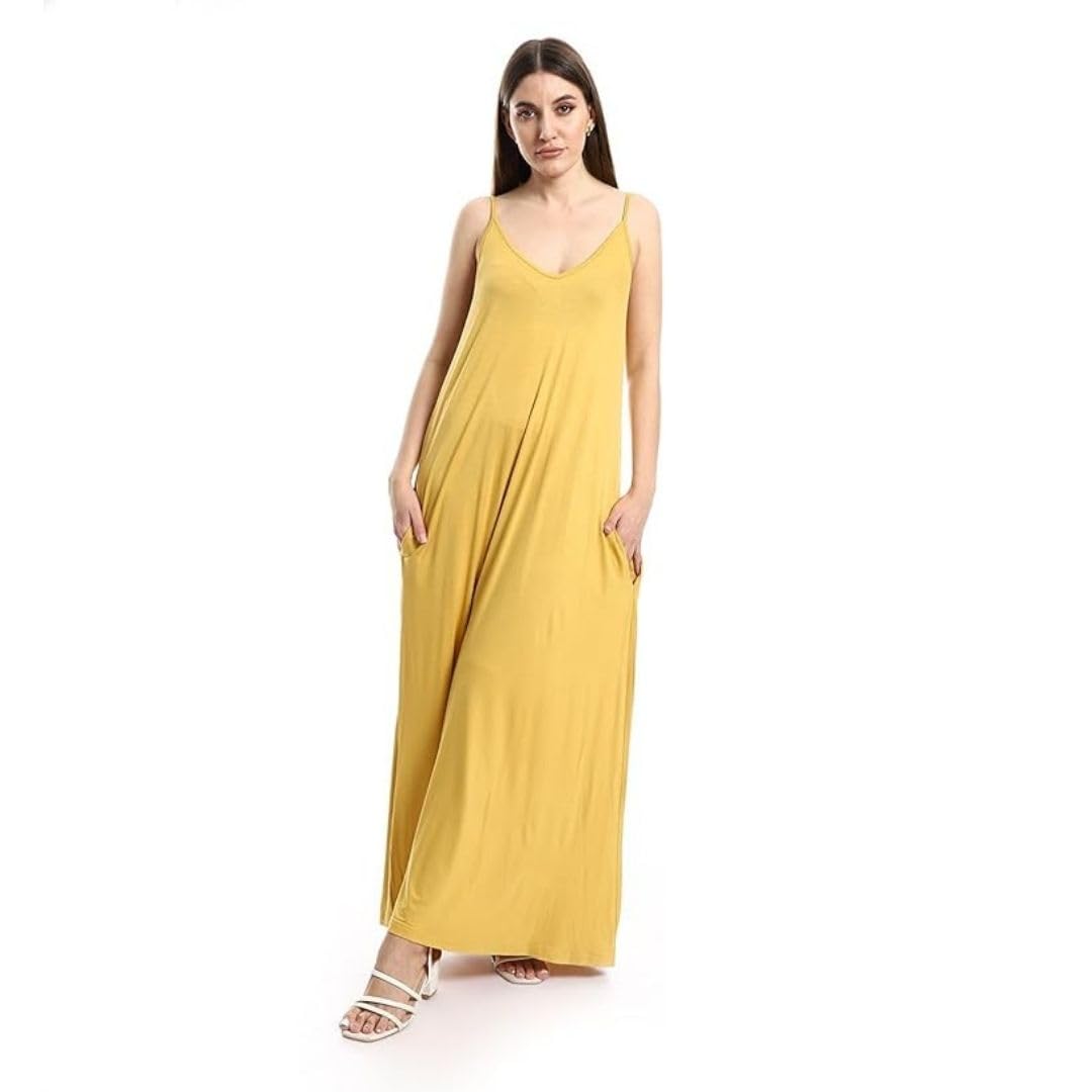 Women's Spaghetti Sleeves Maxi Dress with Side Pockets Mixed Cotton Yellow