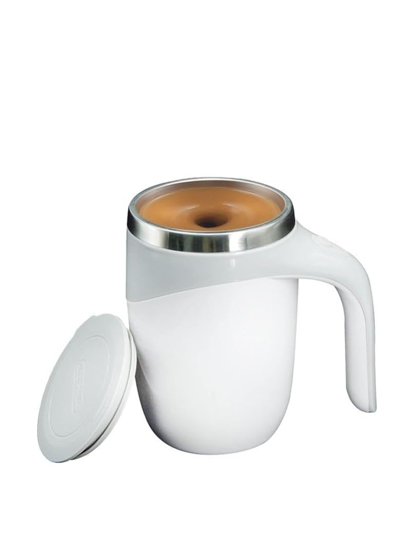 Plan A Self Stirring Coffee Cup Rechargeable Stainless Steel 380ml with Lid, Automatic Magnetic Mix for Milkshake, Coffee, Hot Chocolate (White)